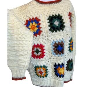 VTG 60s Granny Square Sweater Handmade Boho Hippie Crochet Knit Korean UNISEX M